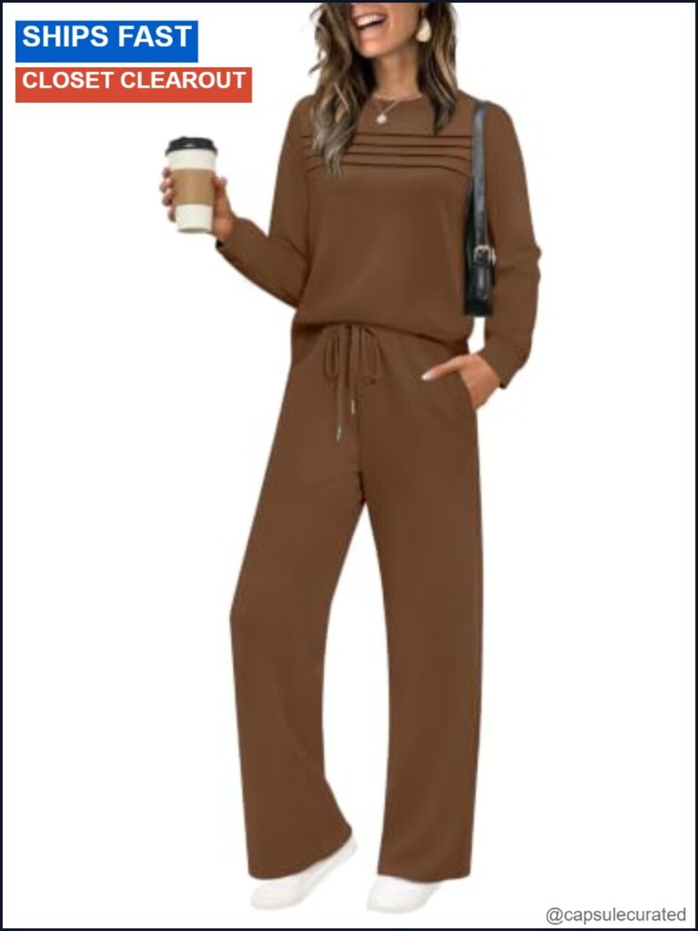 Women's 2 Piece Sweatsuit Set Pleated Crewneck Wide Leg Lounge Travel